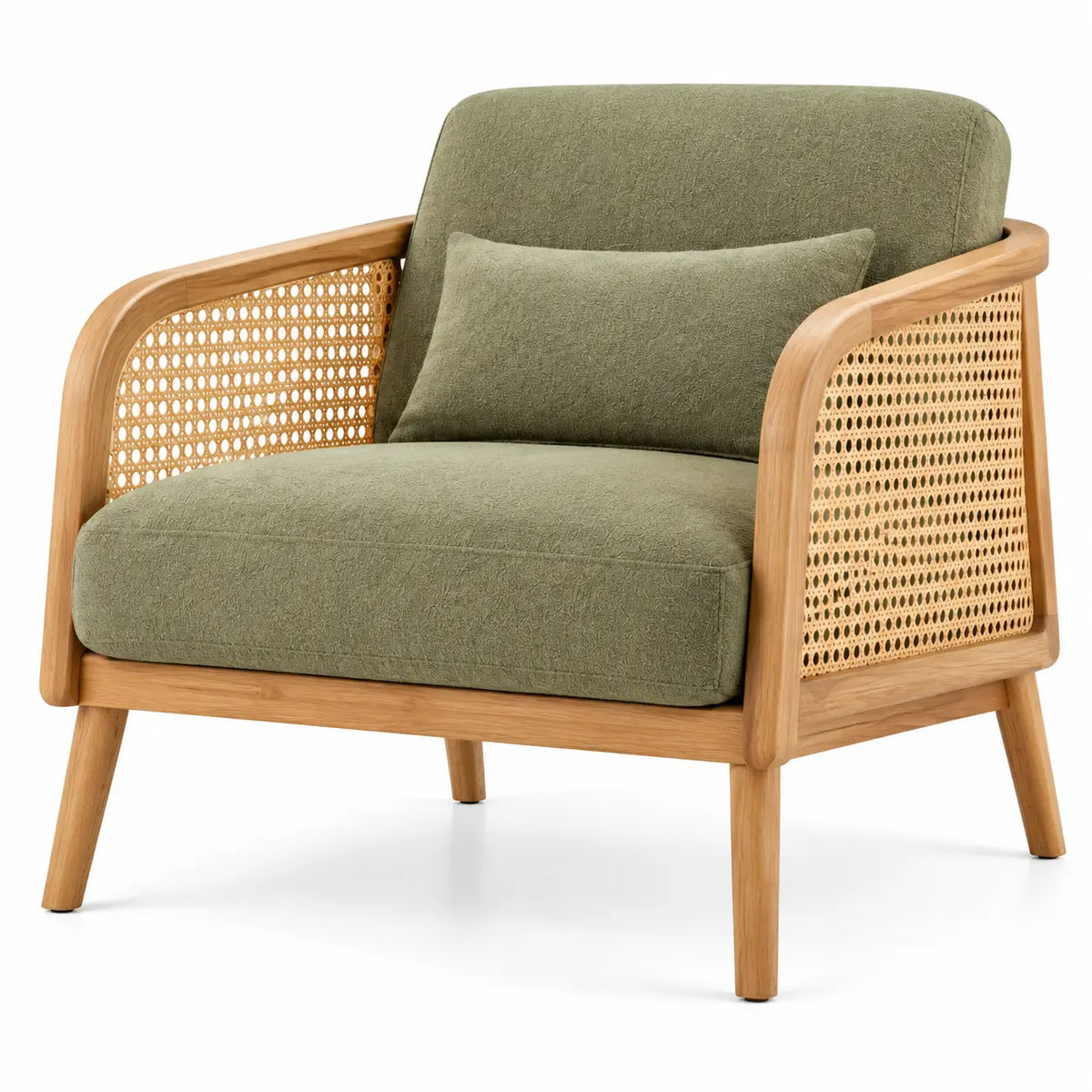 Sillón con estructura abierta con detalles de entramado, verde y marrón