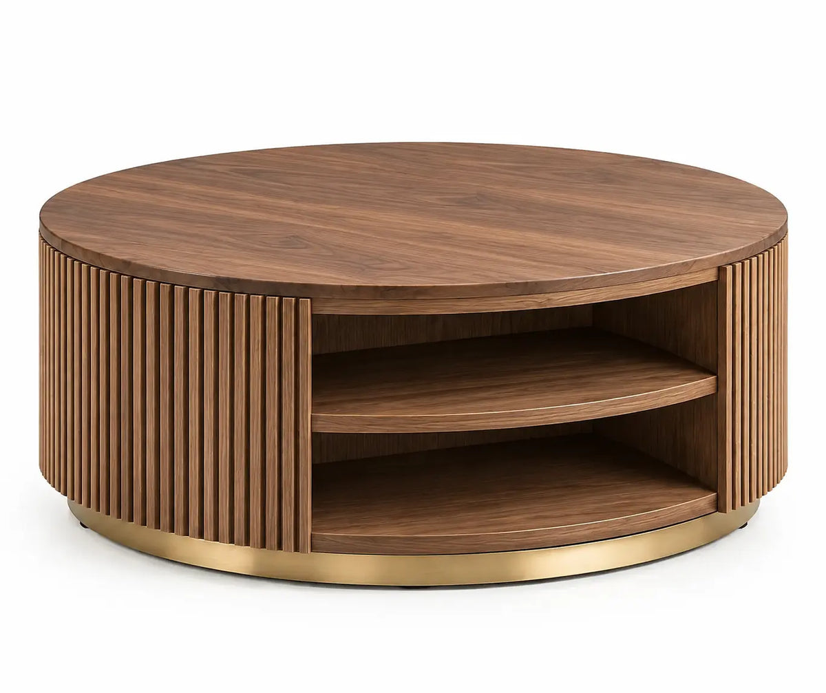 Mesa de centro de contorno redondeado, marrón y dorado