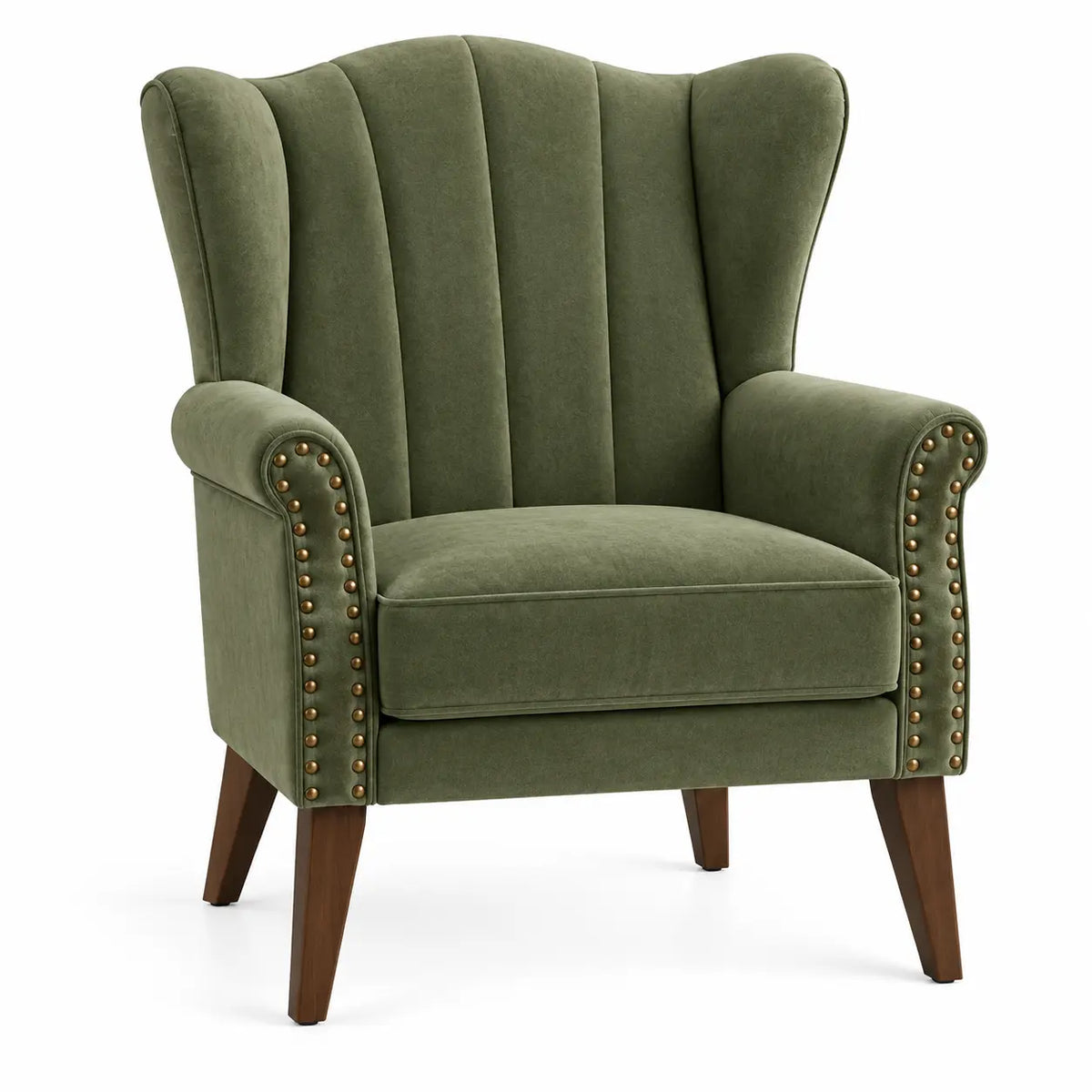 Sillón tapizado con acolchado acanalado y respaldo alto, verde y marrón