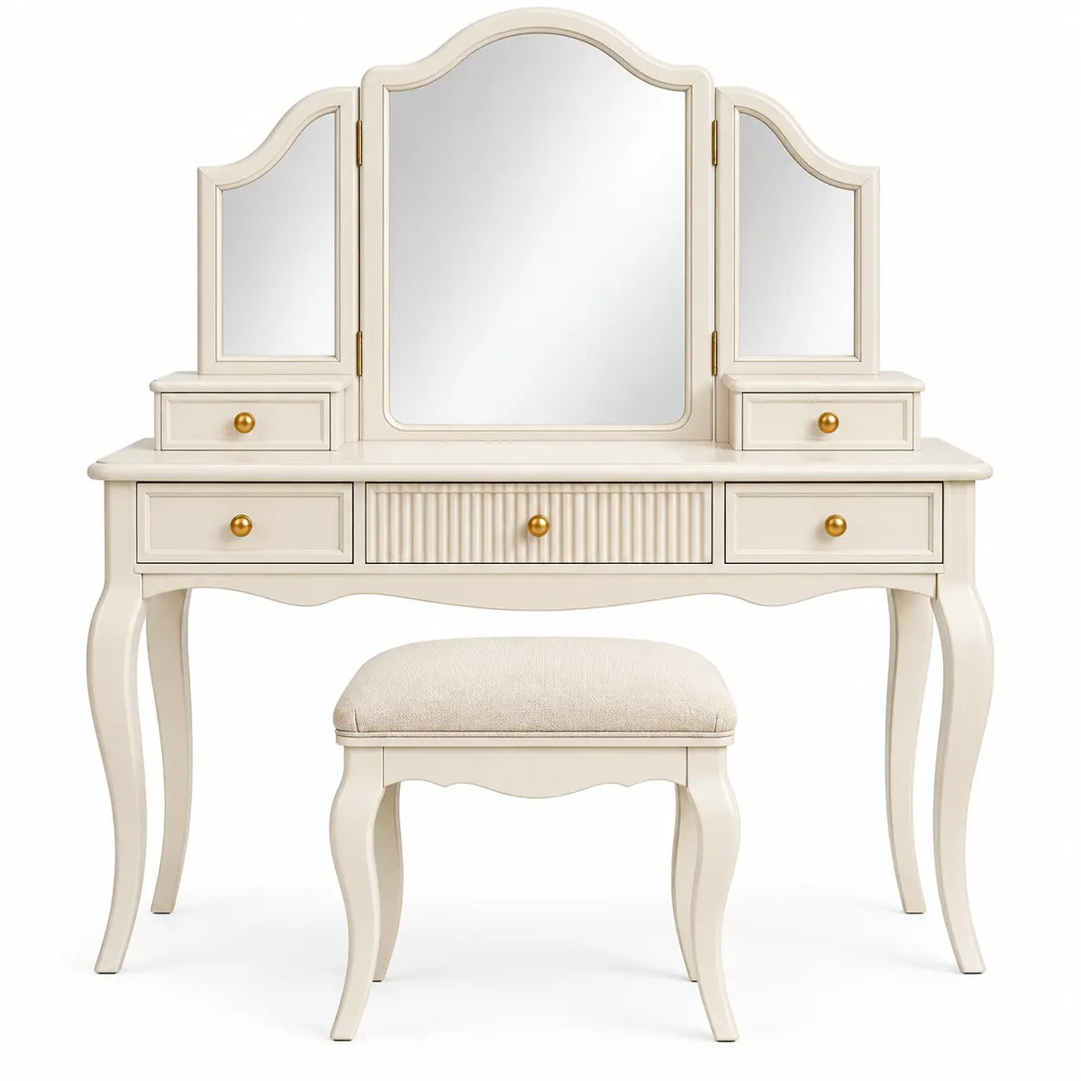Tocador con espejo de tres secciones, blanco y beige